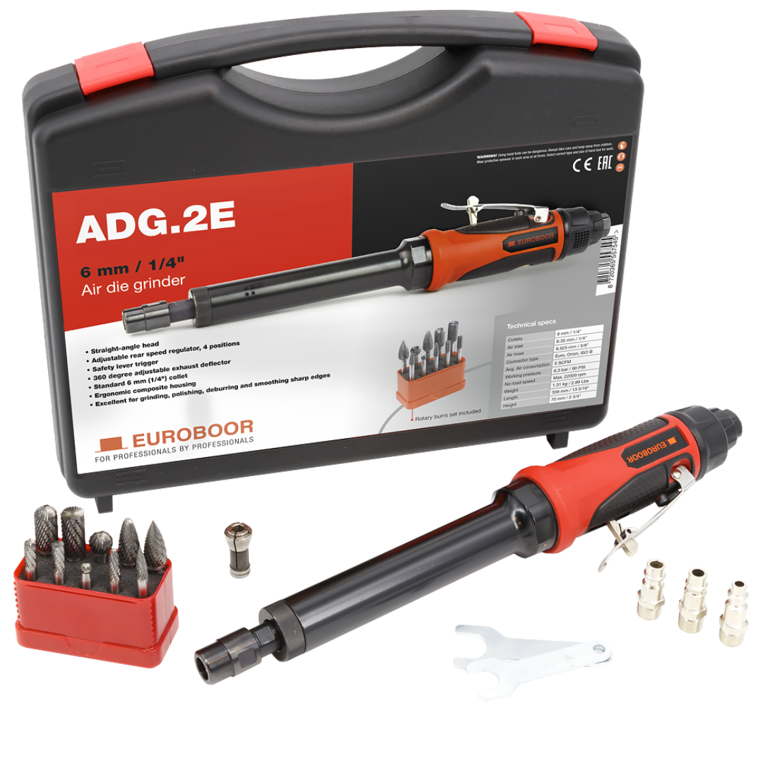Euroboor ADG.2E Air Die Grinder extended pneumatic die grinder kit displayed in a carrying case with rotary burrs, wrenches, and pneumatic connectors for precision grinding applications