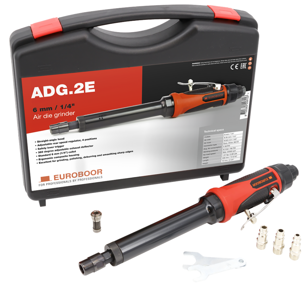 Euroboor ADG.2E Air Die Grinder extended reach pneumatic grinder shown in transport case with accessories designed for grinding, deburring, and polishing hard-to-reach areas