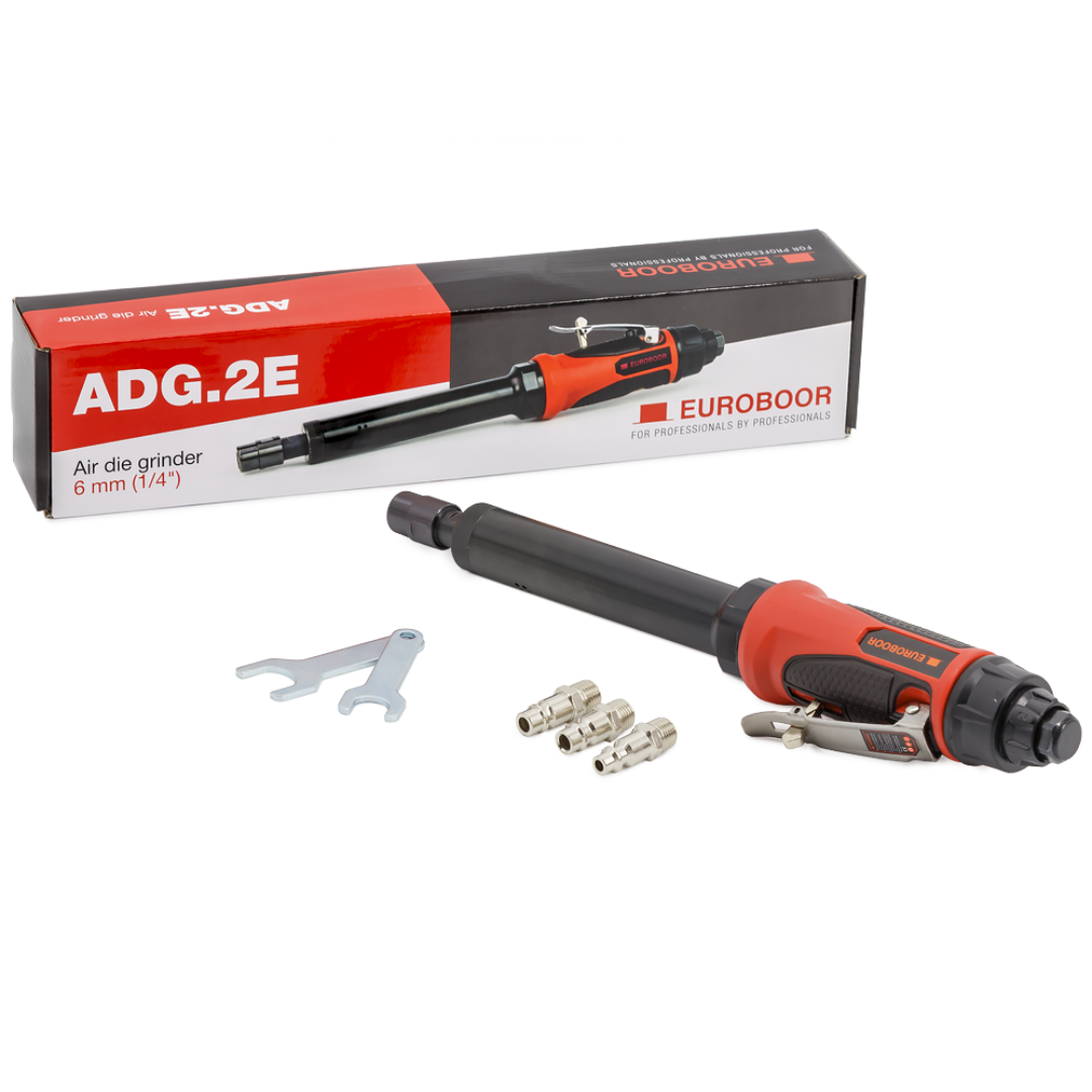 Euroboor ADG.2E Air Die Grinder set with rotary burrs, collets, and accessories displayed with packaging for industrial metalworking and fabrication environments