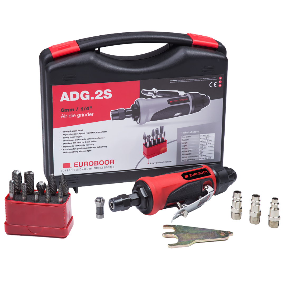 Euroboor ADG.2S Air Die Grinder kit displayed in a carrying case with the air die grinder, collets, wrenches, and accessory bits arranged for industrial grinding and finishing applications