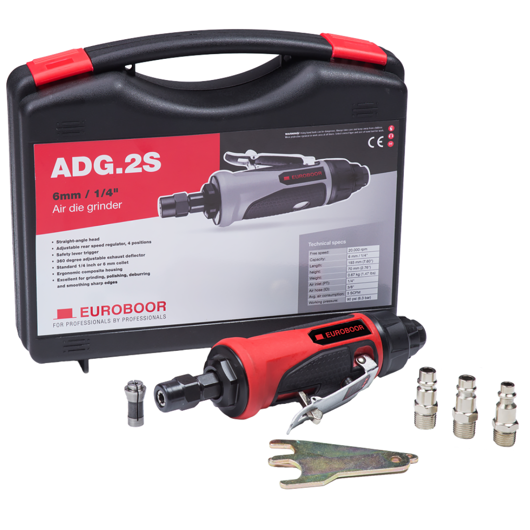 Euroboor ADG.2S Air Die Grinder portable pneumatic grinder kit in protective case showing included accessories and tool components for precision metal grinding tasks