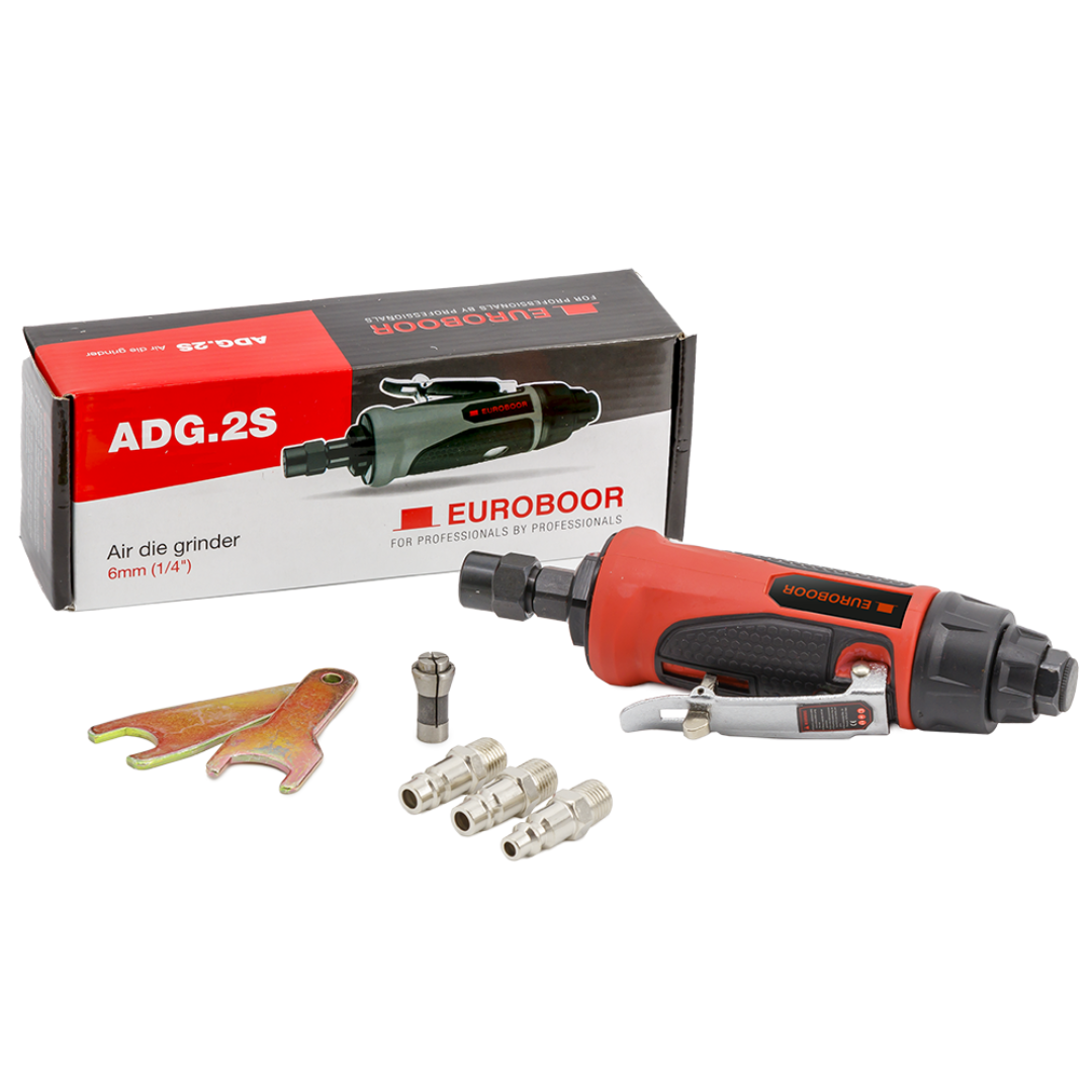 Euroboor ADG.2S Air Die Grinder set with carbide burrs, collets, and accessories displayed with packaging for professional metalworking and fabrication applications