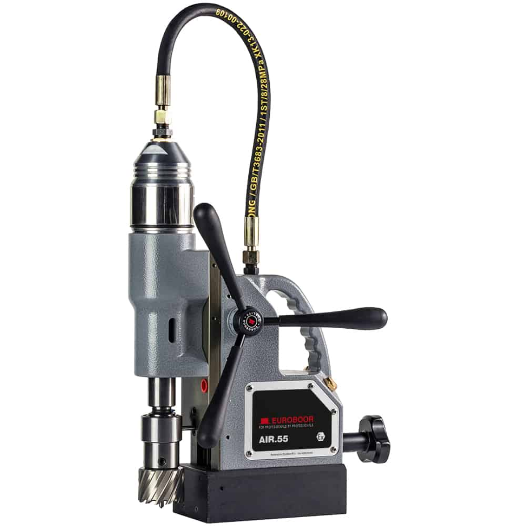 Euroboor AIR.55 Pneumatic Magnetic Drilling Machine industrial pneumatic magnetic drill with heavy-duty air motor, feed handles, and magnetic base designed for drilling in hazardous or spark-sensitive environments