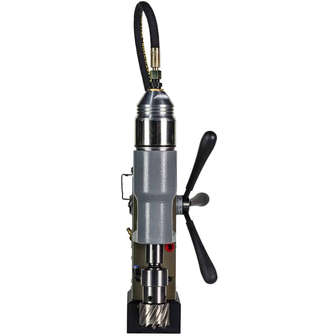 Euroboor AIR.55 Pneumatic Magnetic Drilling Machine product overview highlighting the powerful pneumatic motor, drilling spindle, and industrial magnetic base used for steel fabrication