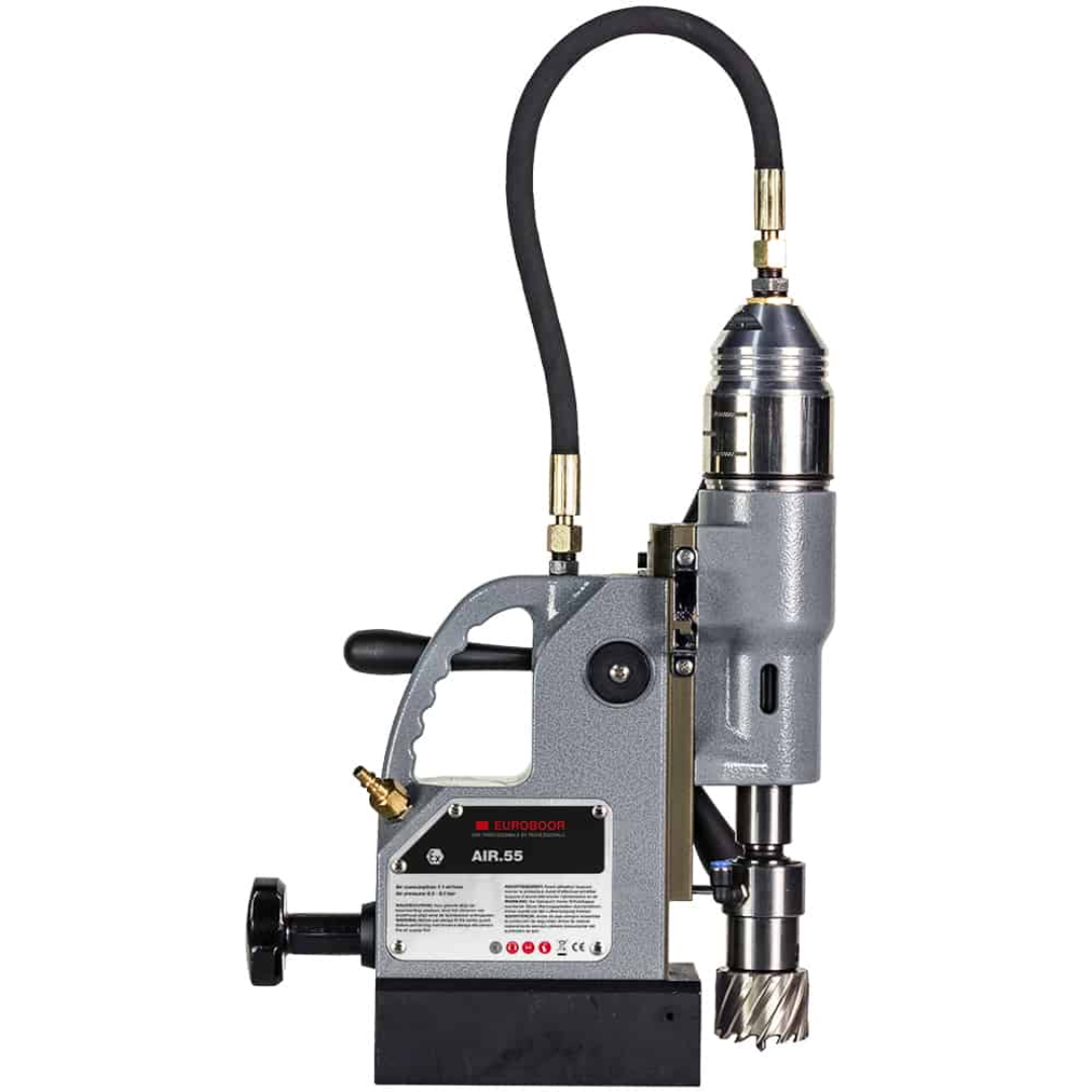 Euroboor AIR.55 Pneumatic Magnetic Drilling Machine safety accessories including protective guard, safety chain, and protective equipment used during pneumatic magnetic drilling operations