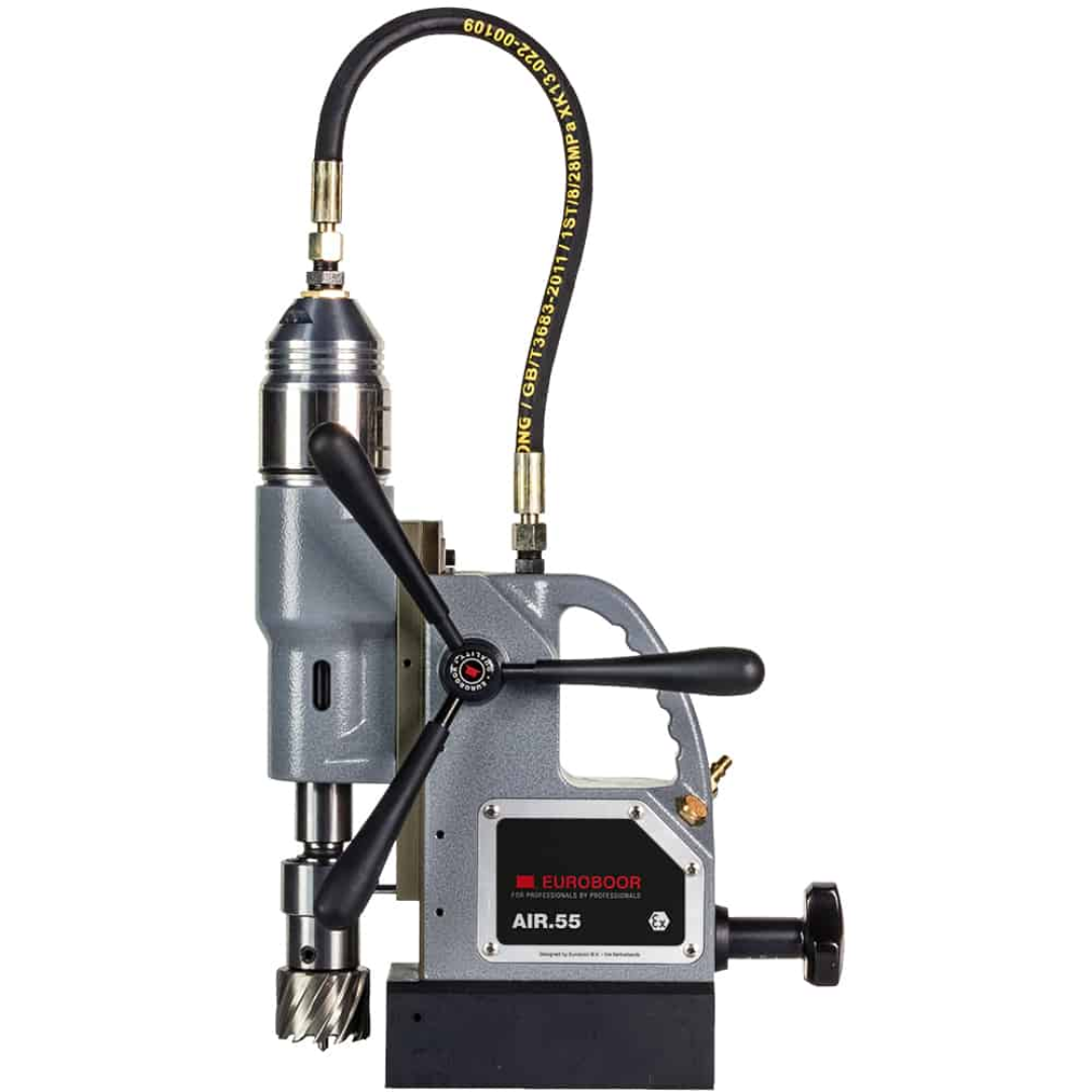 Euroboor AIR.55 Pneumatic Magnetic Drilling Machine side profile displaying the air-powered motor, capstan feed handles, and drilling system designed for high-performance metal drilling
