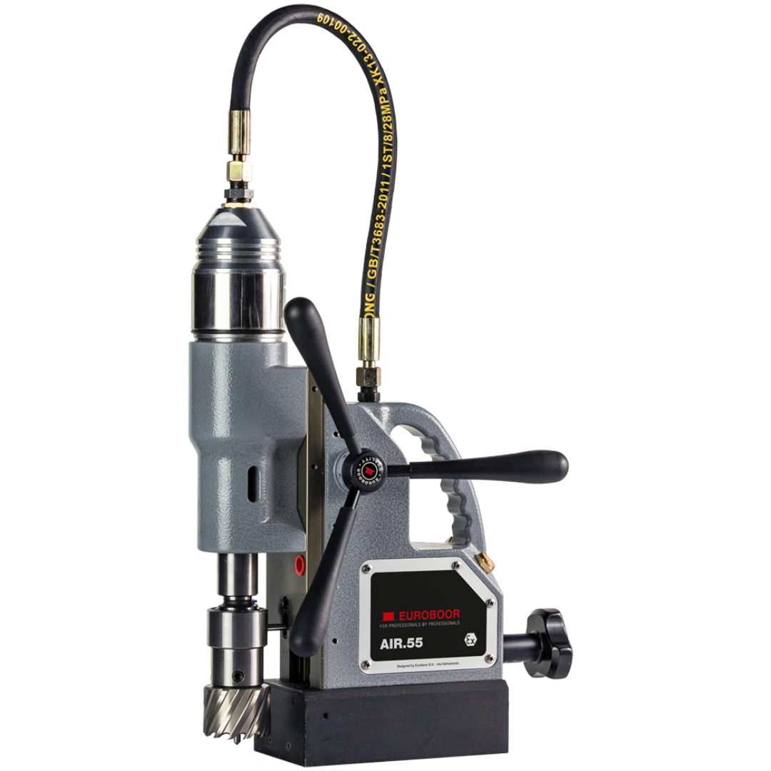 Euroboor AIR.55 Pneumatic Magnetic Drilling Machine vertical drilling configuration demonstrating the stable magnetic base and pneumatic motor designed for heavy-duty drilling applications