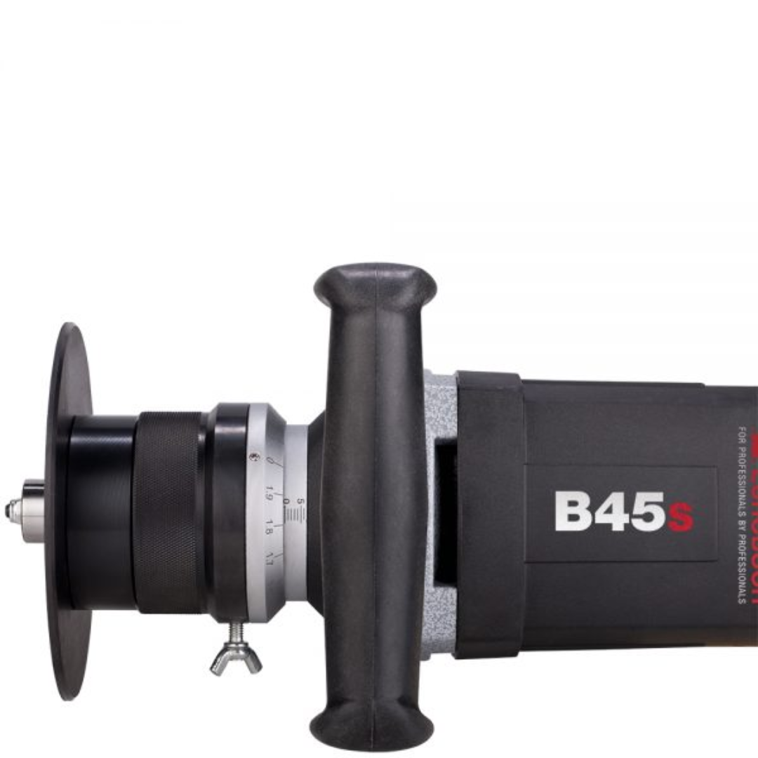 Euroboor B45S Beveling Machine side view highlighting ergonomic handle, motor housing, and precision bevel cutting head
