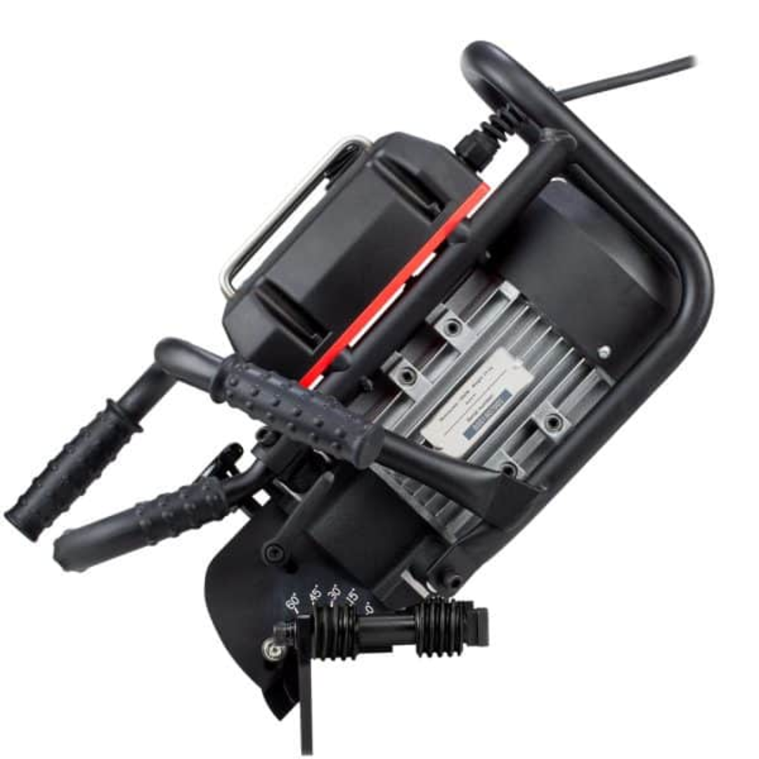 Euroboor B60 Beveling Machine angled view highlighting ergonomic handles, powerful motor housing, and stable beveling platform