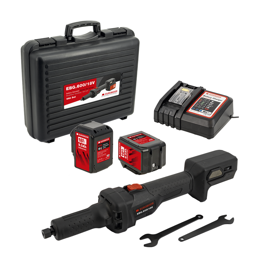 Euroboor EBG.600/18V Battery Operated Die Grinder cordless die grinder kit displayed with battery packs, charger, and protective carrying case for professional grinding applications