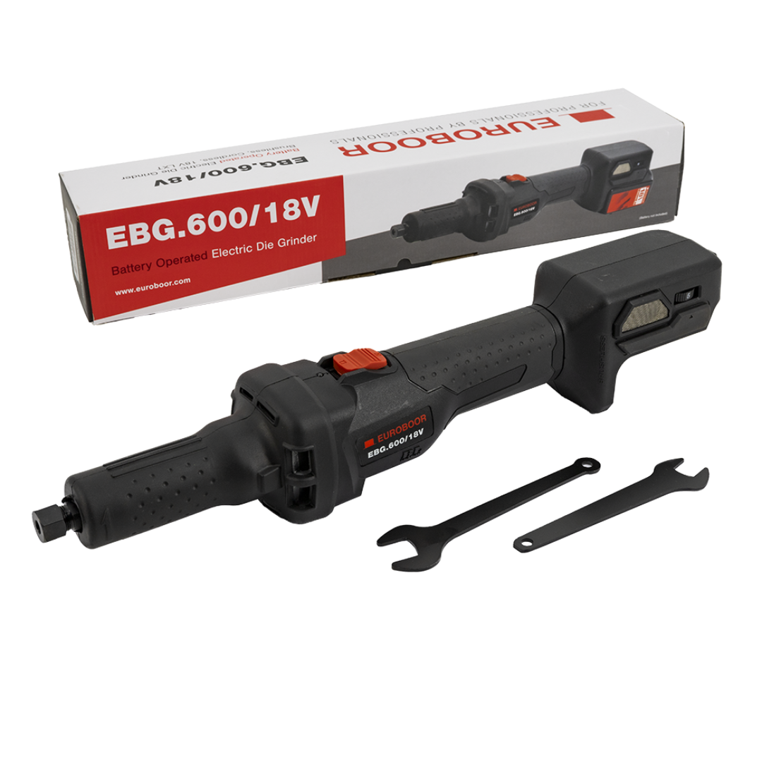 Euroboor EBG.600/18V Battery Operated Die Grinder cordless tool with extended grinding spindle and included wrenches for precision grinding and deburring operations