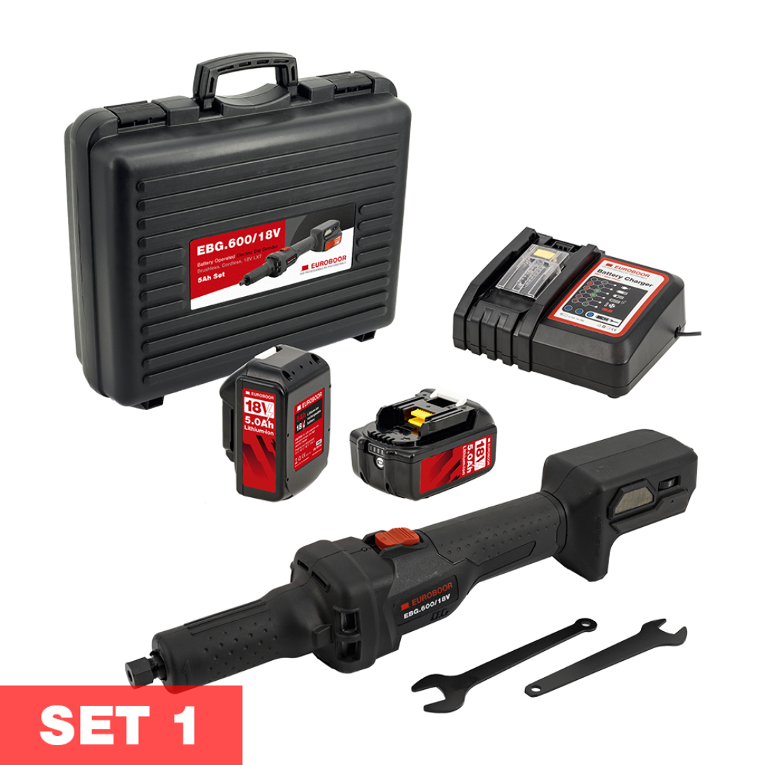 Euroboor EBG.600/18V Battery Operated Die Grinder set 1 including cordless die grinder, battery, charger, and transport case