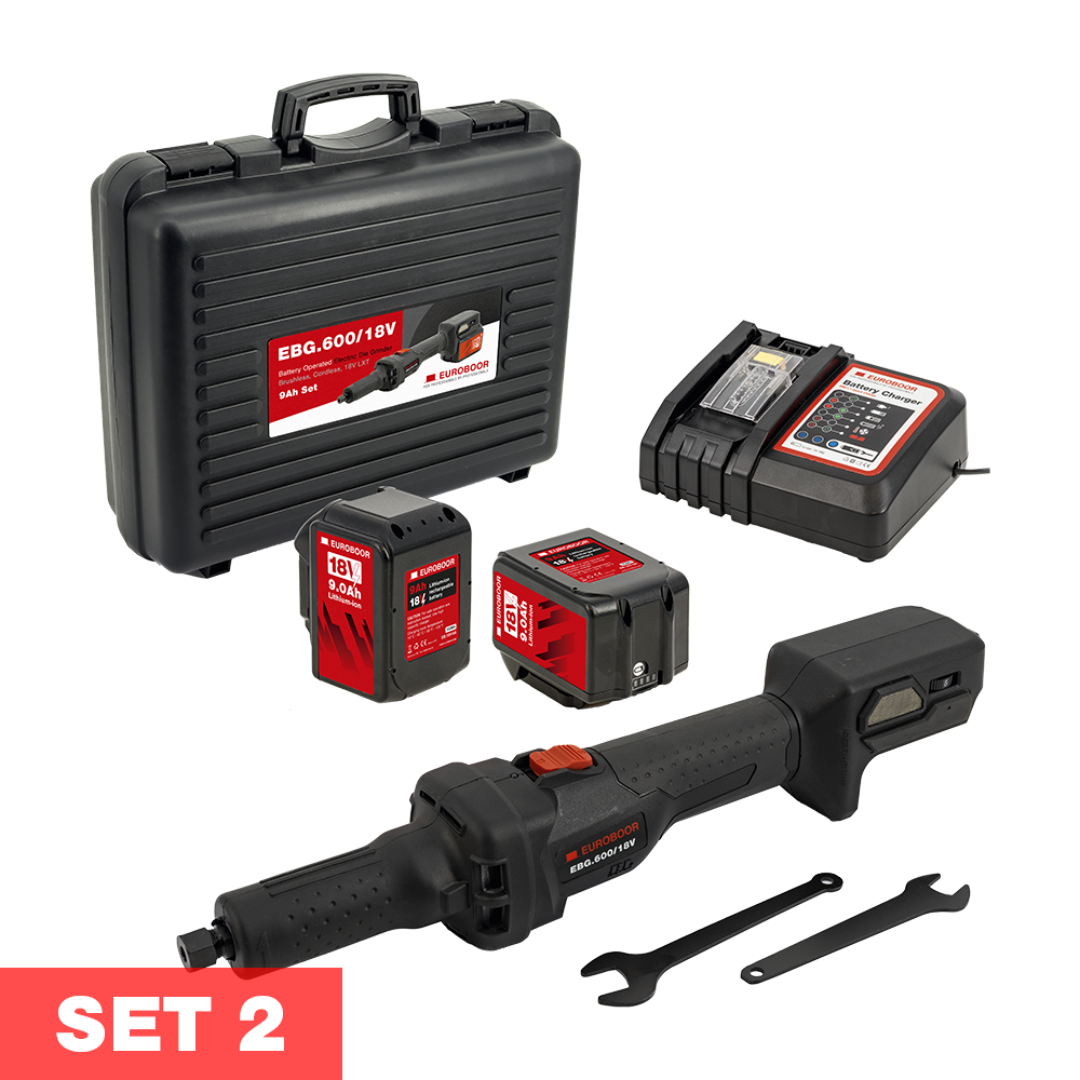 Euroboor EBG.600/18V Battery Operated Die Grinder set 2 including cordless die grinder, battery, charger, transport case, and additional accessories for extended grinding applications