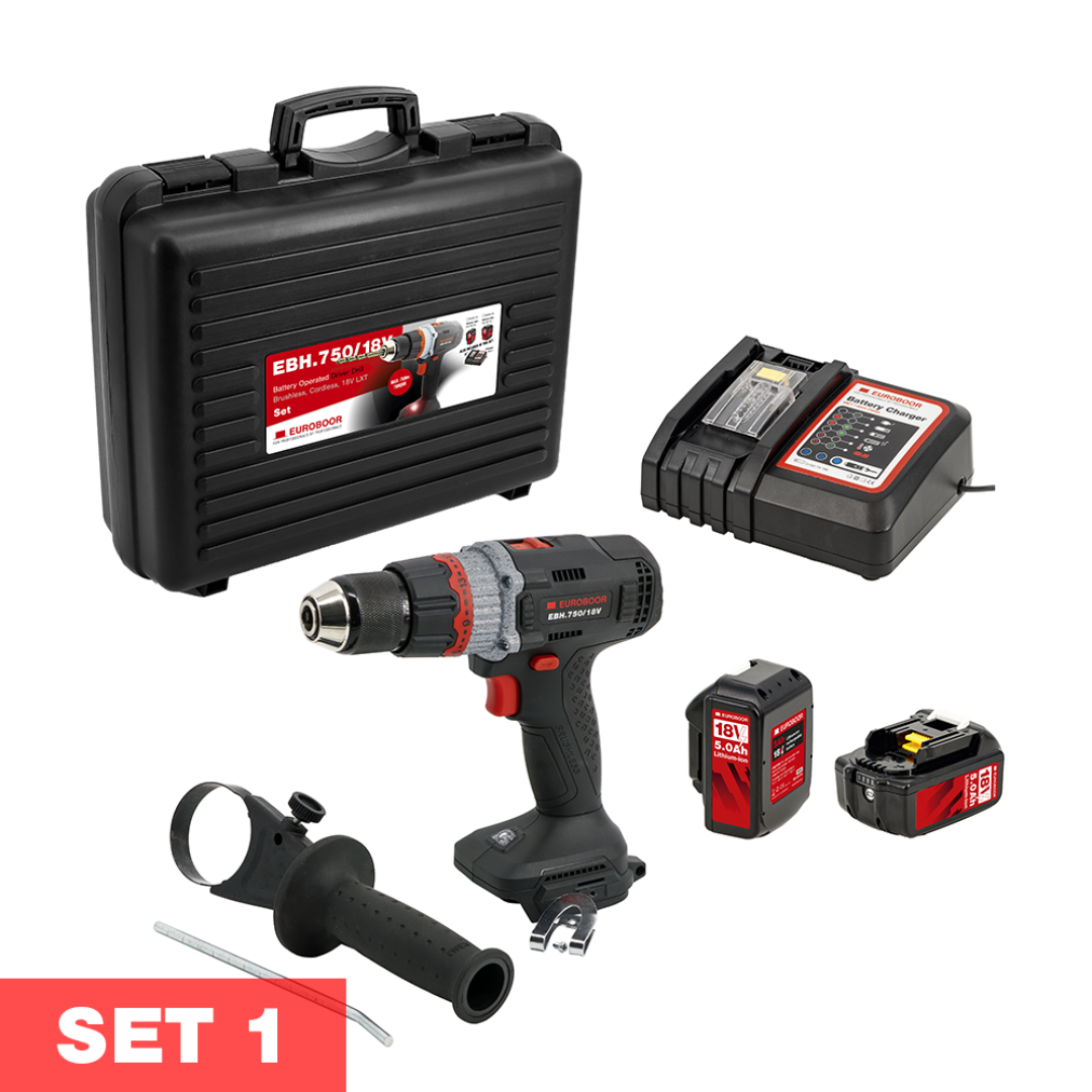 Euroboor EBH.750/18V Cordless Driver Drill Set 1 including cordless drill, charger, batteries, handle, and carrying case for portable jobsite use