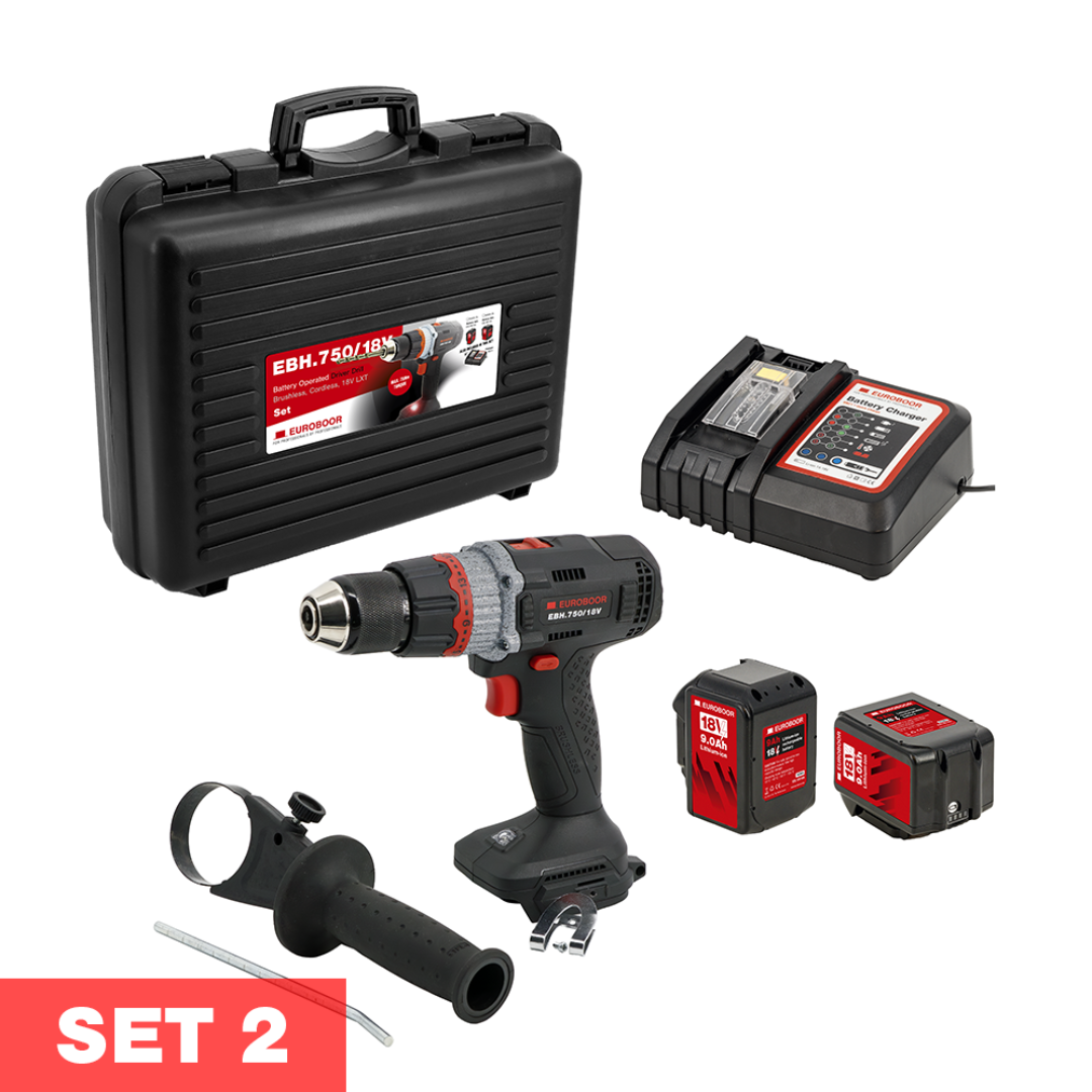 Euroboor EBH.750/18V Cordless Driver Drill Set 2 complete kit with cordless drill, high-capacity batteries, charger, and protective case