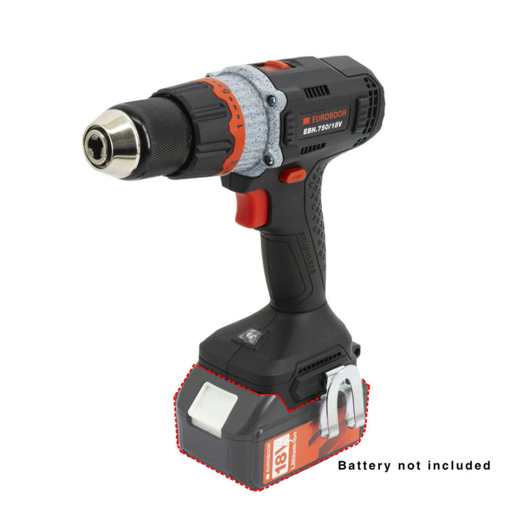 Euroboor EBH.750/18V Cordless Driver Drill angled view highlighting ergonomic grip, compact body, and professional cordless drilling performance
