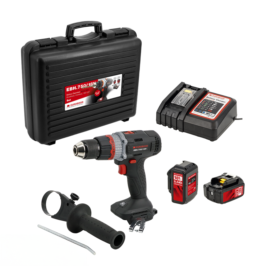 Euroboor EBH.750/18V Cordless Driver Drill kit including cordless drill, batteries, charger, and protective carrying case for professional drilling and fastening applications