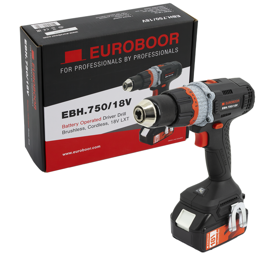 Euroboor EBH.750/18V Cordless Driver Drill with Makita-compatible 18V battery system engineered for powerful drilling and screwdriving tasks