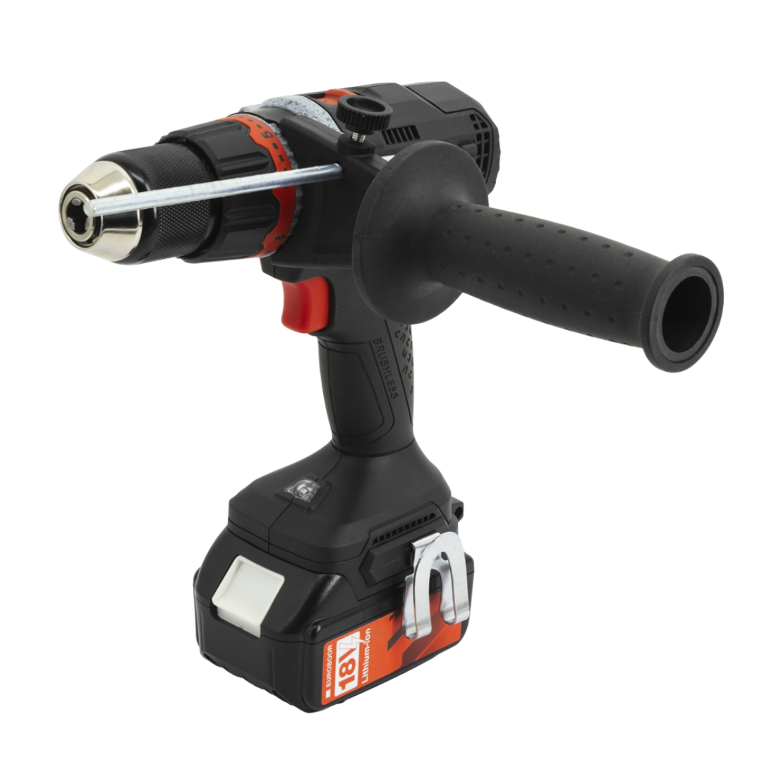 Euroboor EBH.750/18V Cordless Driver Drill with auxiliary side handle designed for improved control and stability during heavy-duty drilling