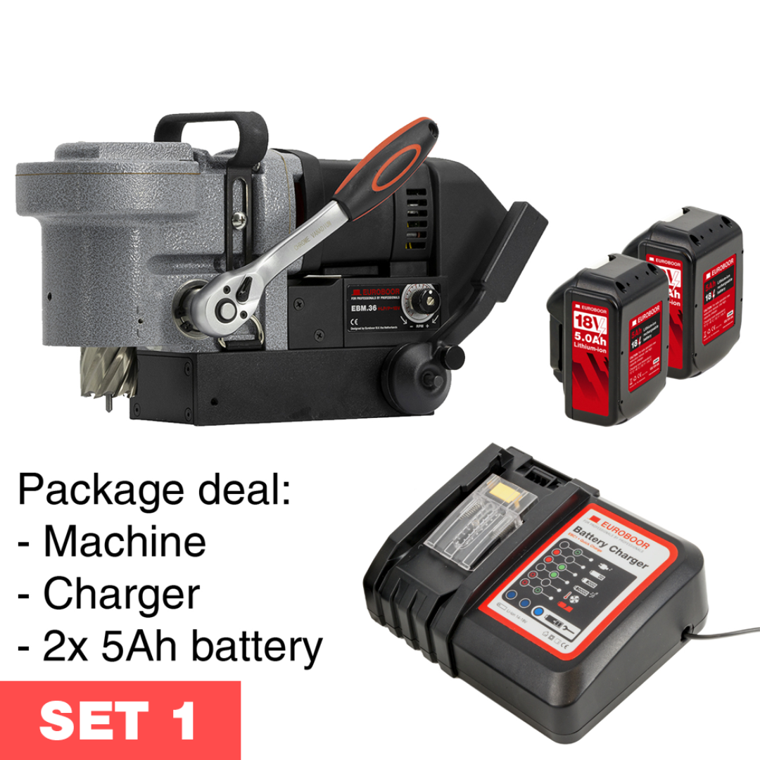 Euroboor EBM.36+LP/P-18V Cordless Magnetic Drilling Machine SET 1 including machine, charger, and 2x batteries for cordless metal drilling applications.