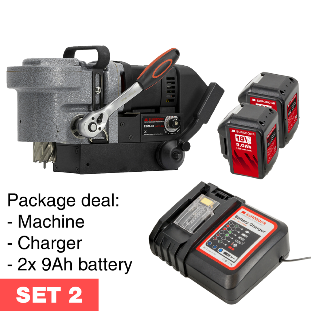 Euroboor EBM.36+LP/P-18V Cordless Magnetic Drilling Machine SET 2 package with machine, charger, and extended capacity batteries for longer runtime.