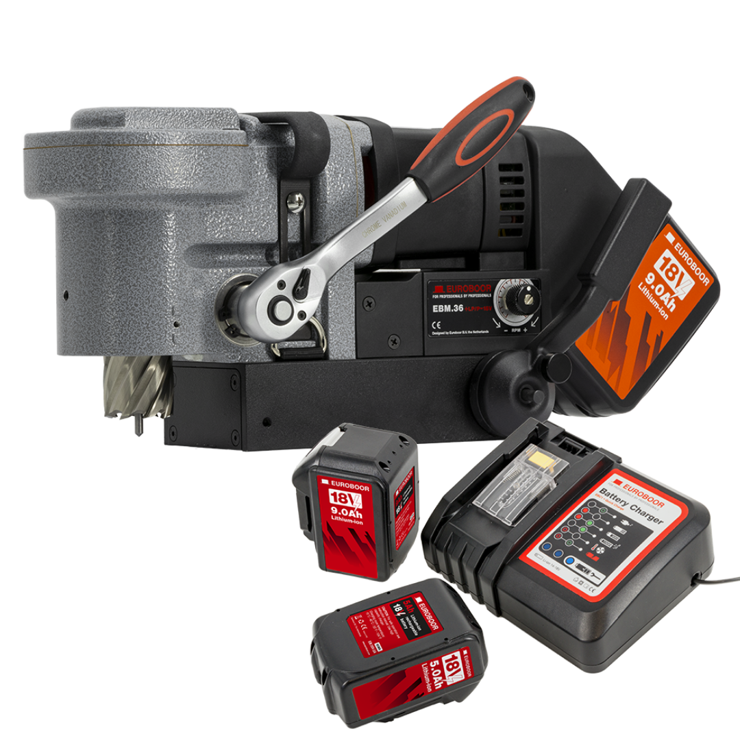 Euroboor EBM.36+LP/P-18V Cordless Magnetic Drilling Machine with battery and charger shown in full product setup for portable metal drilling applications