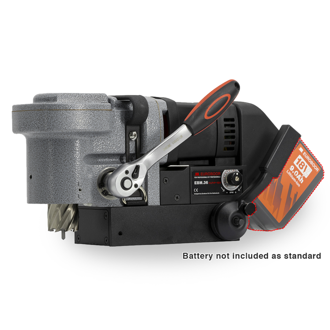 Euroboor EBM.36+LP/P-18V Cordless Magnetic Drilling Machine with ultra-low profile design, 18V battery platform, permanent magnet base, and compact horizontal motor housing.