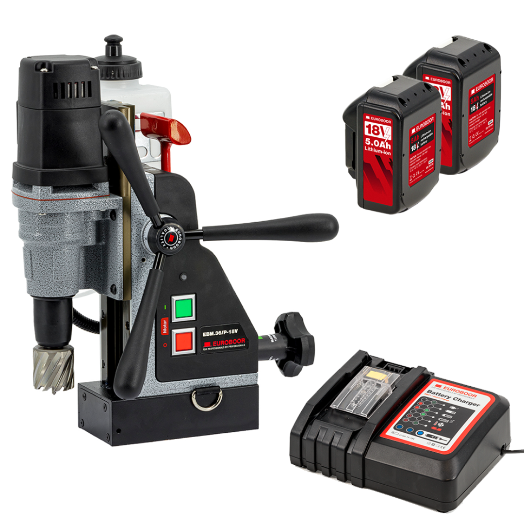 Euroboor EBM.36/P-18V Cordless Magnetic Drilling Machine cordless mag drill kit including magnetic drilling machine, batteries, and charger for portable metal drilling