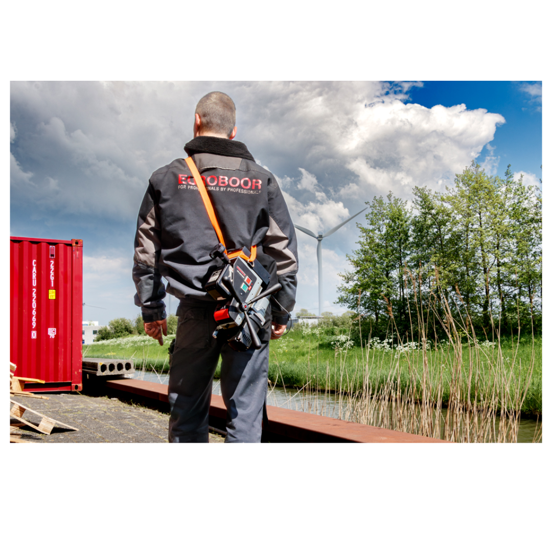 Euroboor EBM.36/P-18V Cordless Magnetic Drilling Machine in outdoor jobsite use, demonstrating cordless mobility and magnetic stability on steel structure.