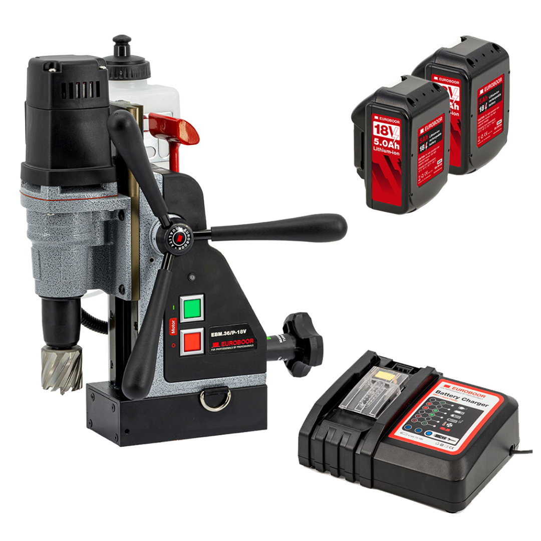 Euroboor EBM.36/P-18V Cordless Magnetic Drilling Machine kit showing drill unit, multiple 18V lithium-ion batteries, and fast charger for portable metal drilling applications.