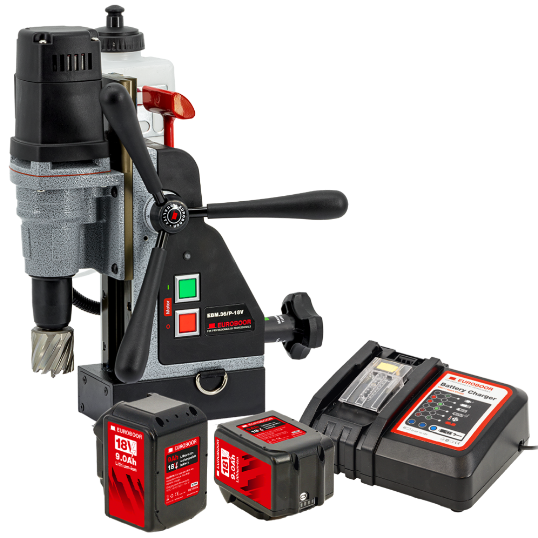 Euroboor EBM.36/P-18V Cordless Magnetic Drilling Machine with 18V battery system, detachable feed handles, heavy-duty magnetic base, and included battery charger.