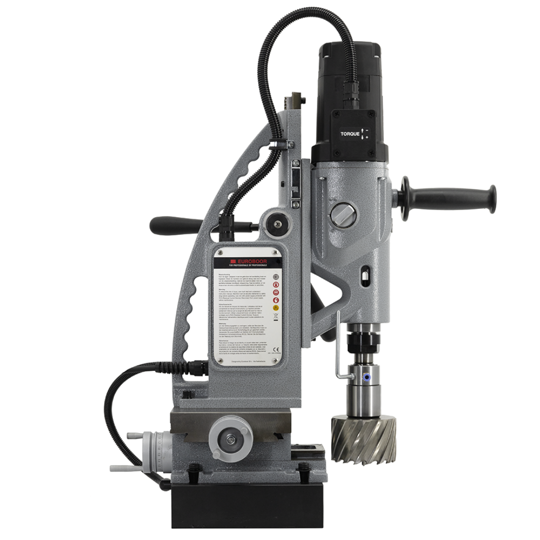Euroboor ECO.100S+/CT2 Magnetic Drilling Machine angled side perspective highlighting magnetic base and drilling system