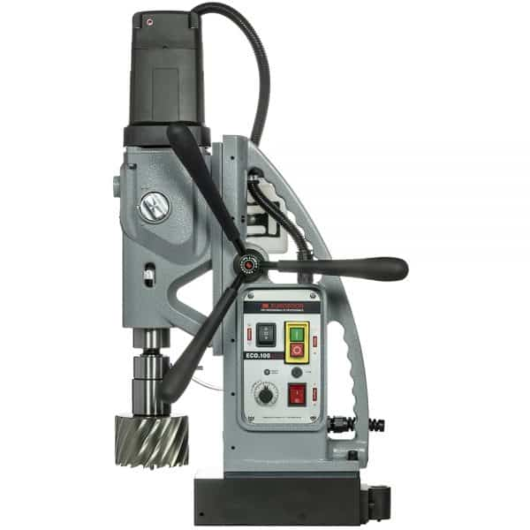 Euroboor ECO.100S+/TD Magnetic Drilling Machine angled side view with control panel and magnetic base