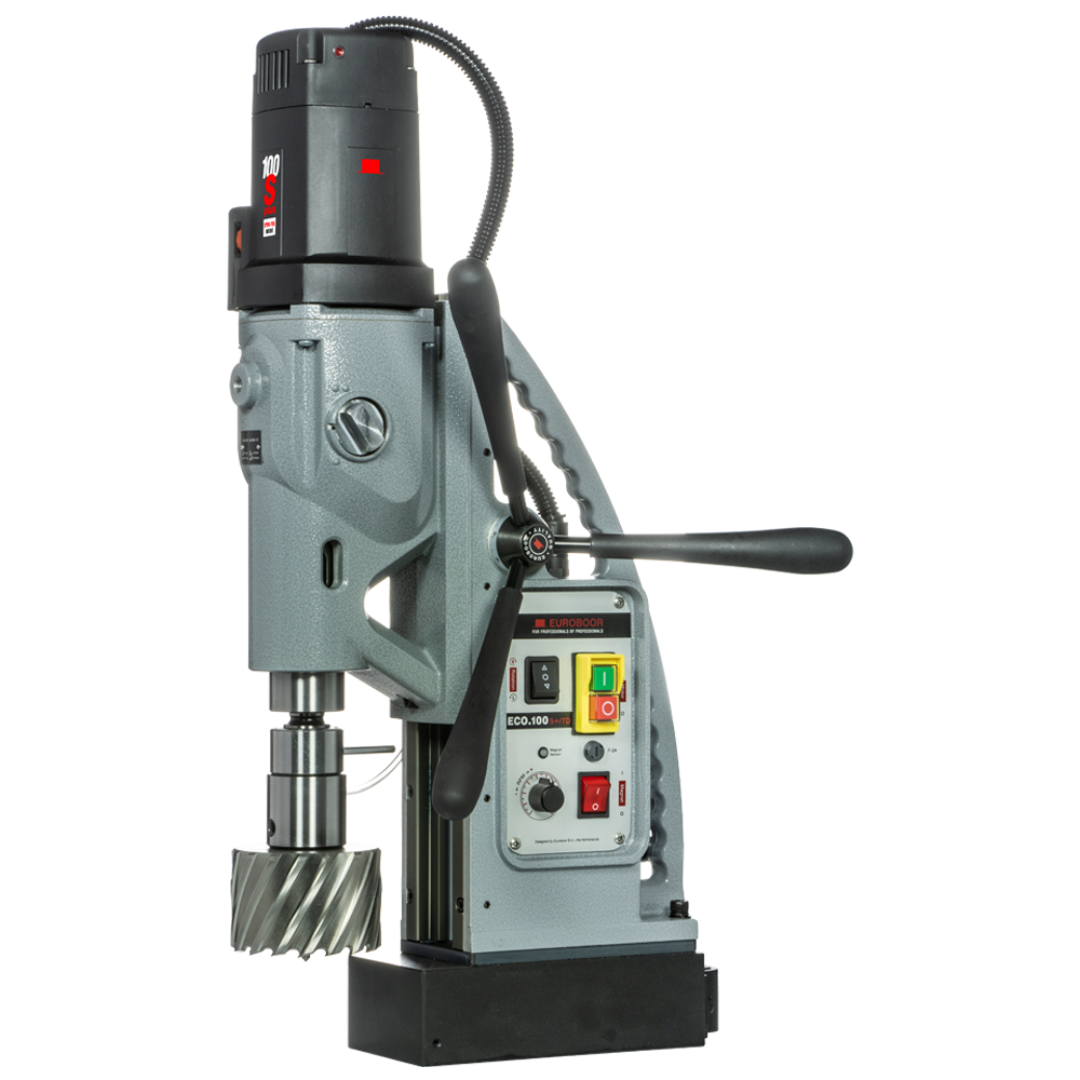 Euroboor ECO.100S+/TD Magnetic Drilling Machine side view showing annular cutter and feed handle assembly