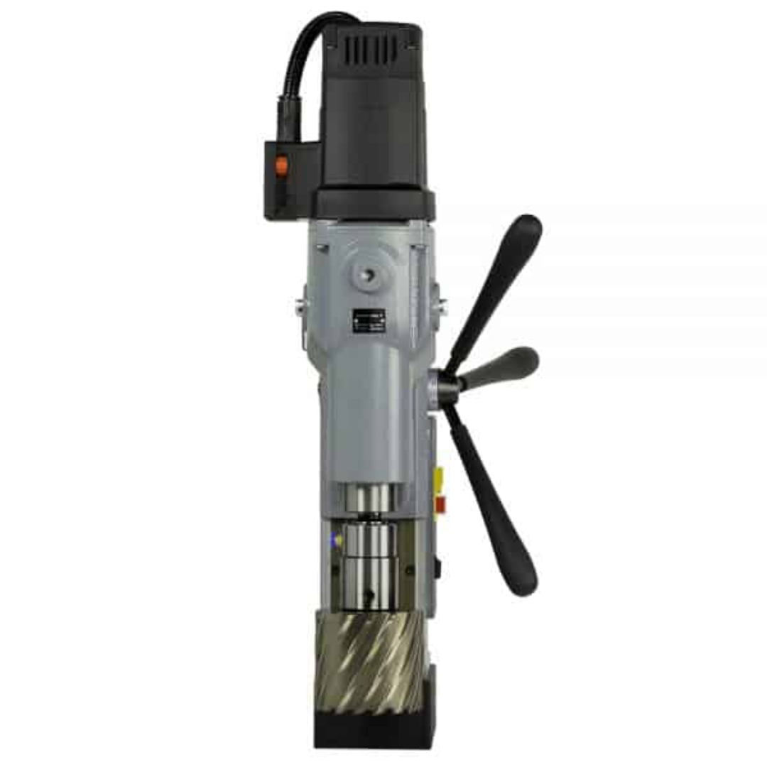 Euroboor ECO.100S+/T Magnetic Drilling Machine angled side profile displaying motor housing and capstan handles