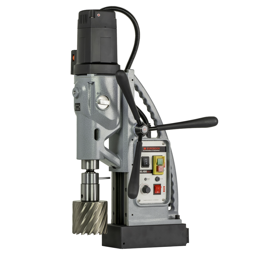Euroboor ECO.100S+/T Magnetic Drilling Machine side view showing annular cutter and feed handle assembly