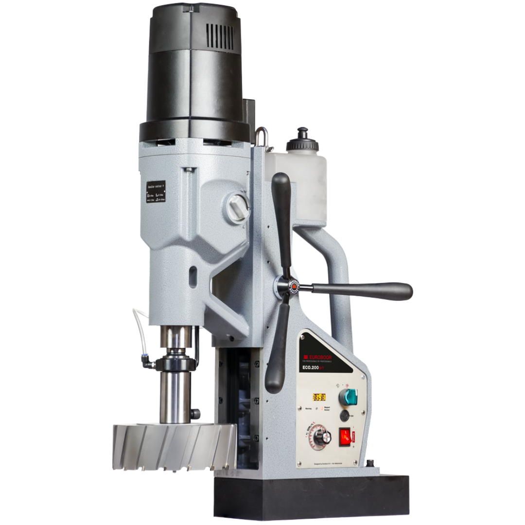 Euroboor ECO.200S/T Magnetic Drilling Machine 110 V side view showing annular cutter, feed handles, and magnetic base