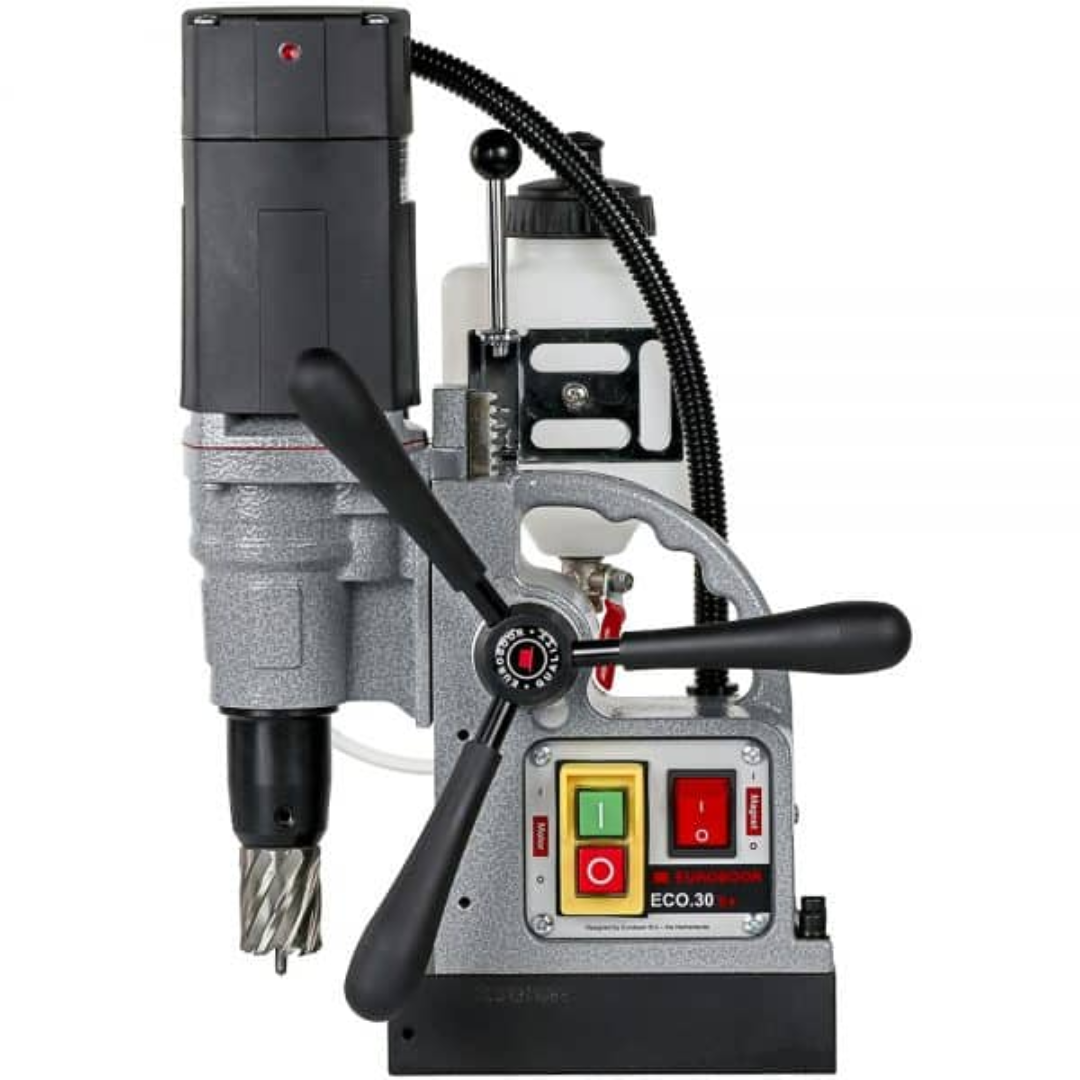 Euroboor ECO.30S+ Magnetic Drilling Machine control panel close-up with power switch, magnet activation, and safety indicators for reliable operation.