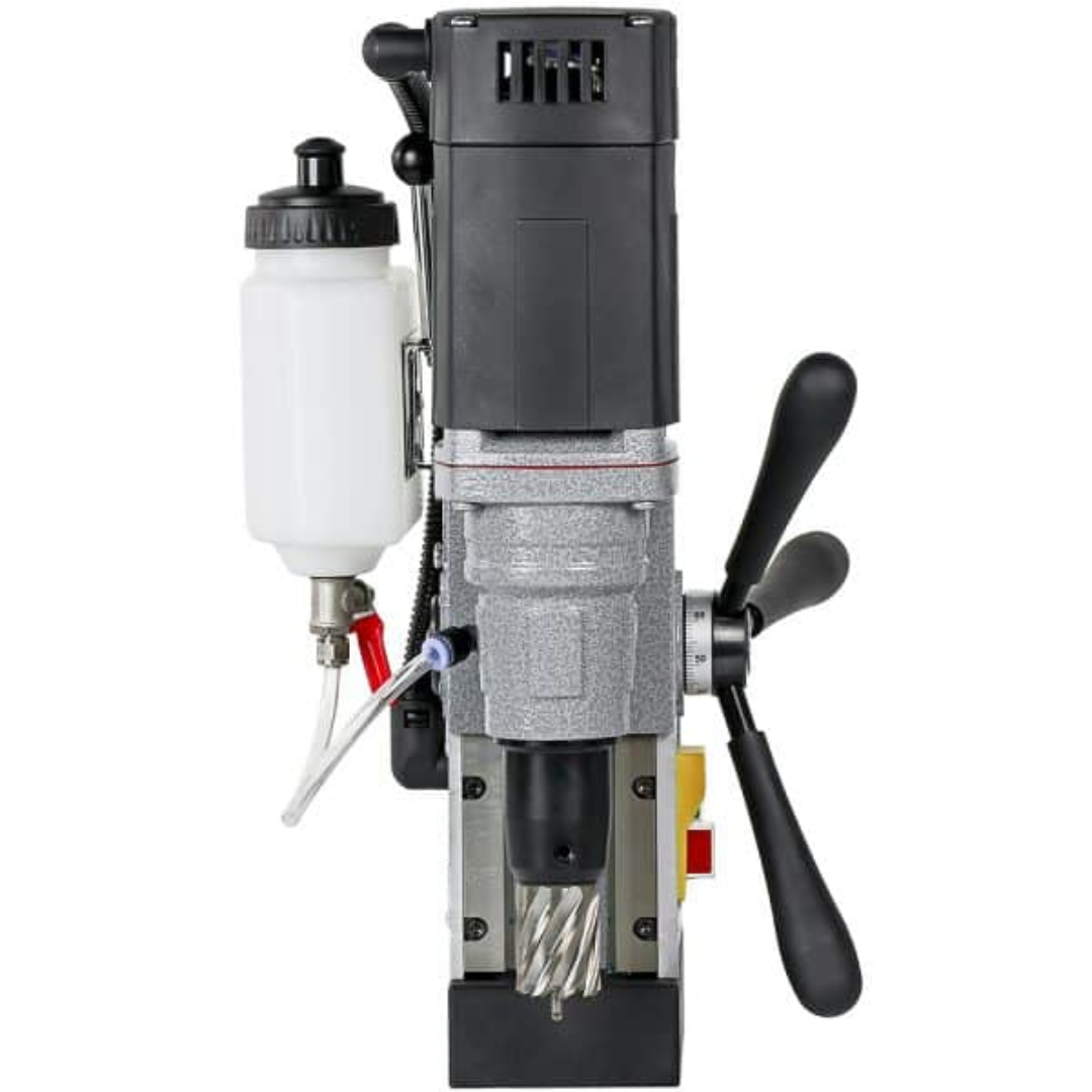 Euroboor ECO.30S+ Magnetic Drilling Machine front view with coolant tank system and adjustable feed handles for accurate annular cutting and twist drilling.