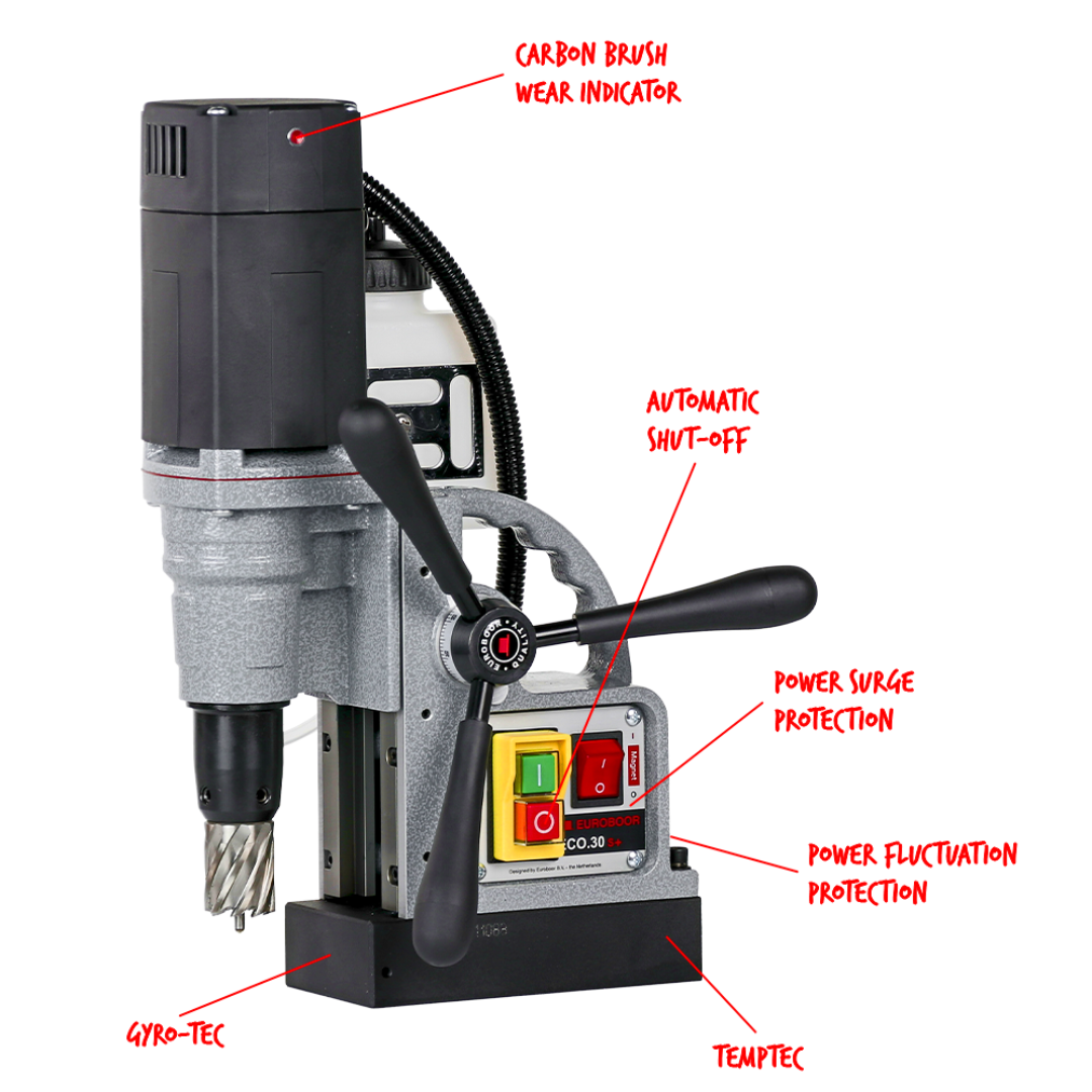 Euroboor ECO.30S+ Magnetic Drilling Machine side view showing powerful motor housing, magnetic base, and safety control unit for stable drilling operations.