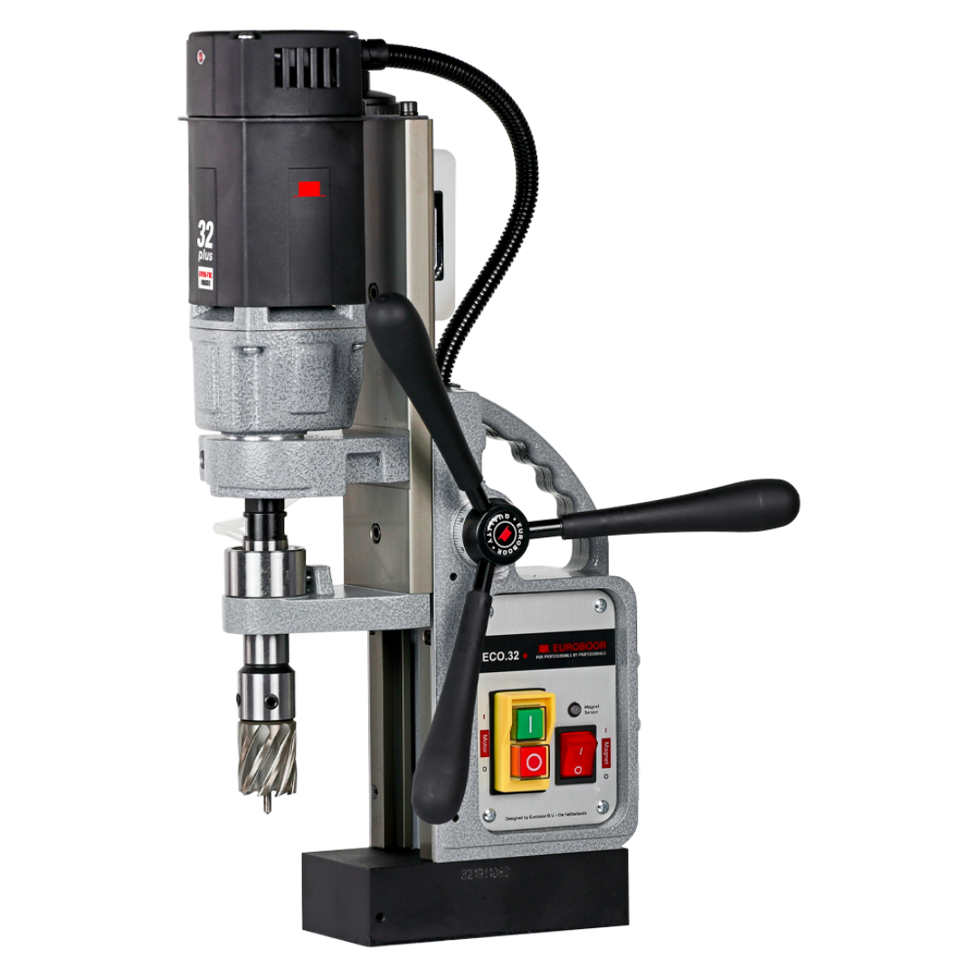 Euroboor ECO.32+ Magnetic Drilling Machine with powerful motor, integrated control panel, ergonomic feed handle, and durable magnetic base for precision metal drilling.