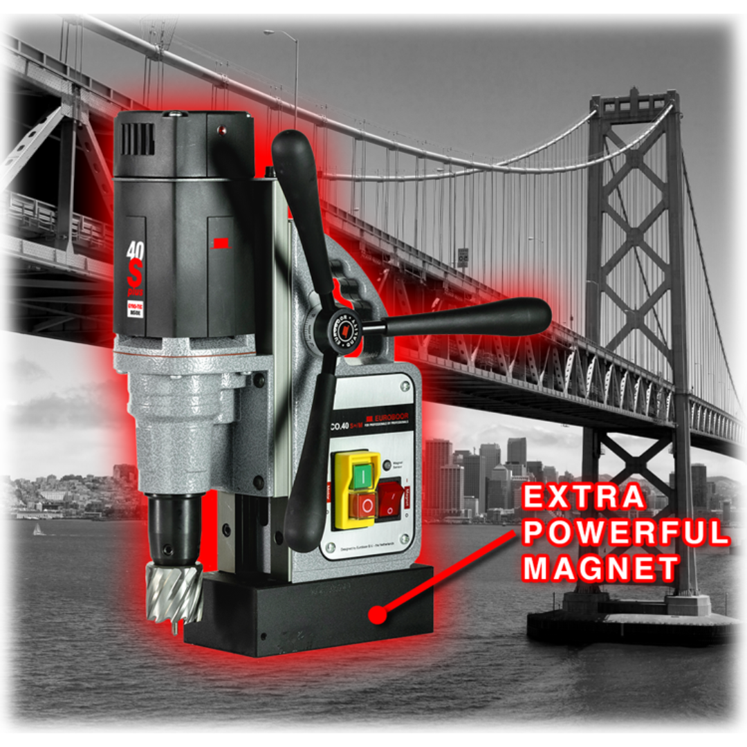 Euroboor ECO.40S+/M Magnetic Drilling Machine heavy-duty mag drill mounted vertically on steel construction framework showing strong magnetic adhesion and precision drilling
