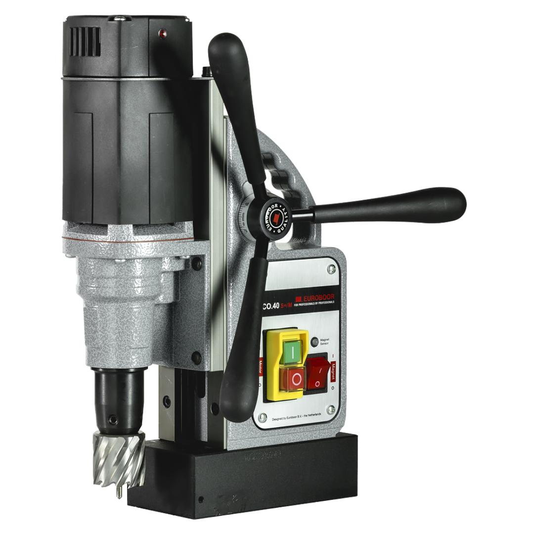 Euroboor ECO.40S+/M Magnetic Drilling Machine industrial magnetic drill with high-torque motor, feed handles, and integrated control panel designed for precision steel drilling.