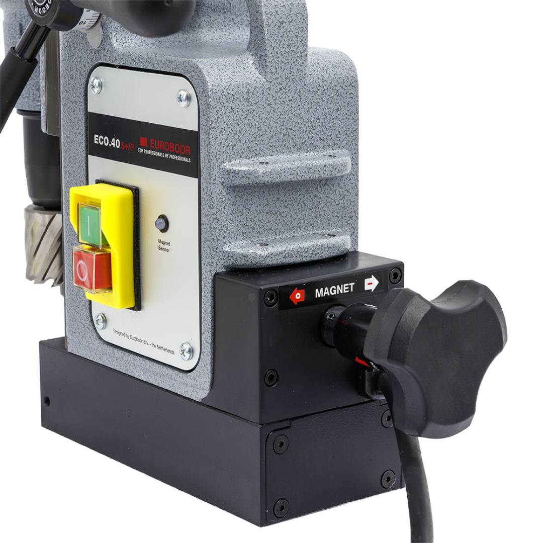 Euroboor ECO.40S+/P Magnetic Drilling Machine detailed control panel with power switch, safety controls, and durable housing for professional metalworking environments