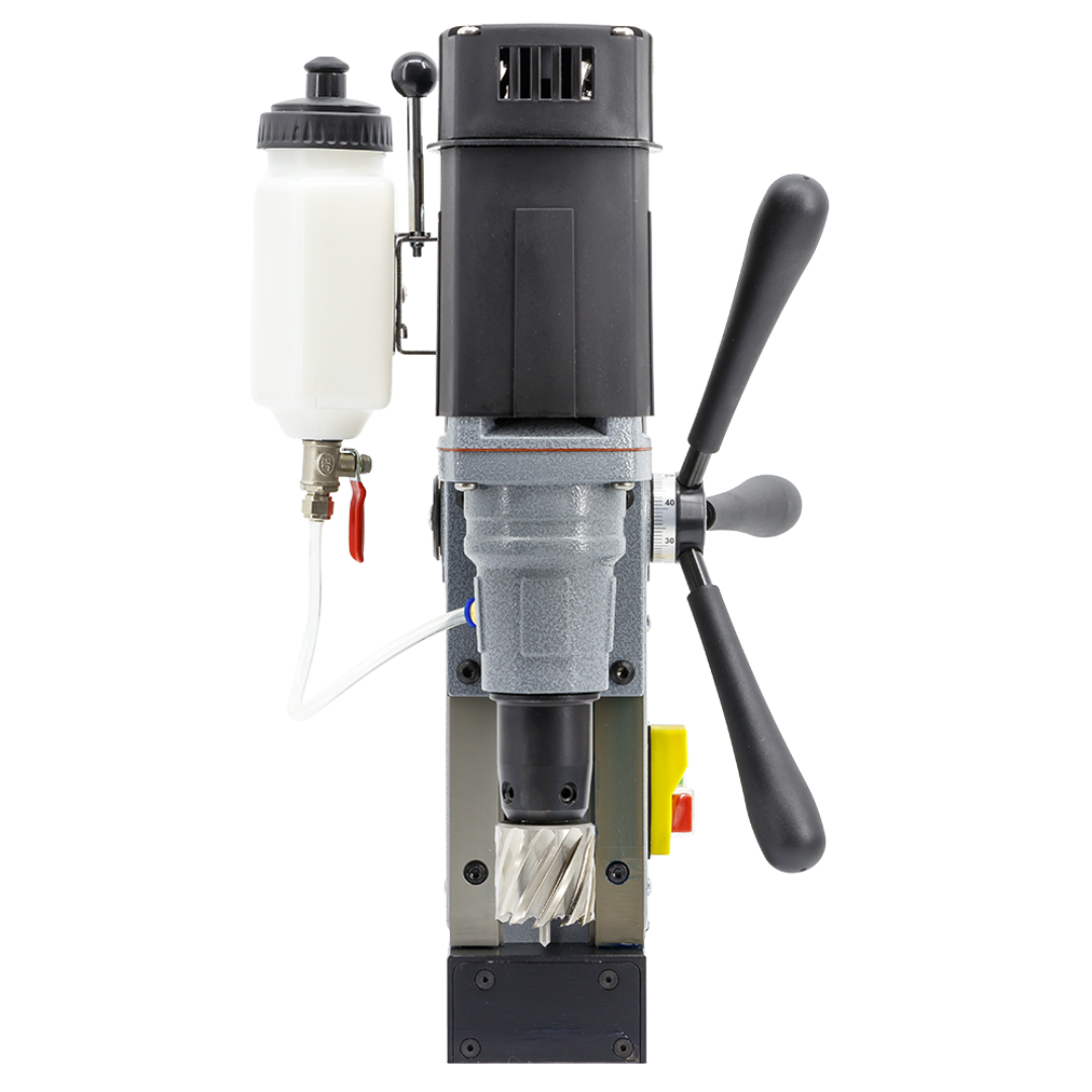 Euroboor ECO.40S+/P Magnetic Drilling Machine vertical drilling setup with lubrication reservoir and industrial gearbox designed for consistent annular cutting performance