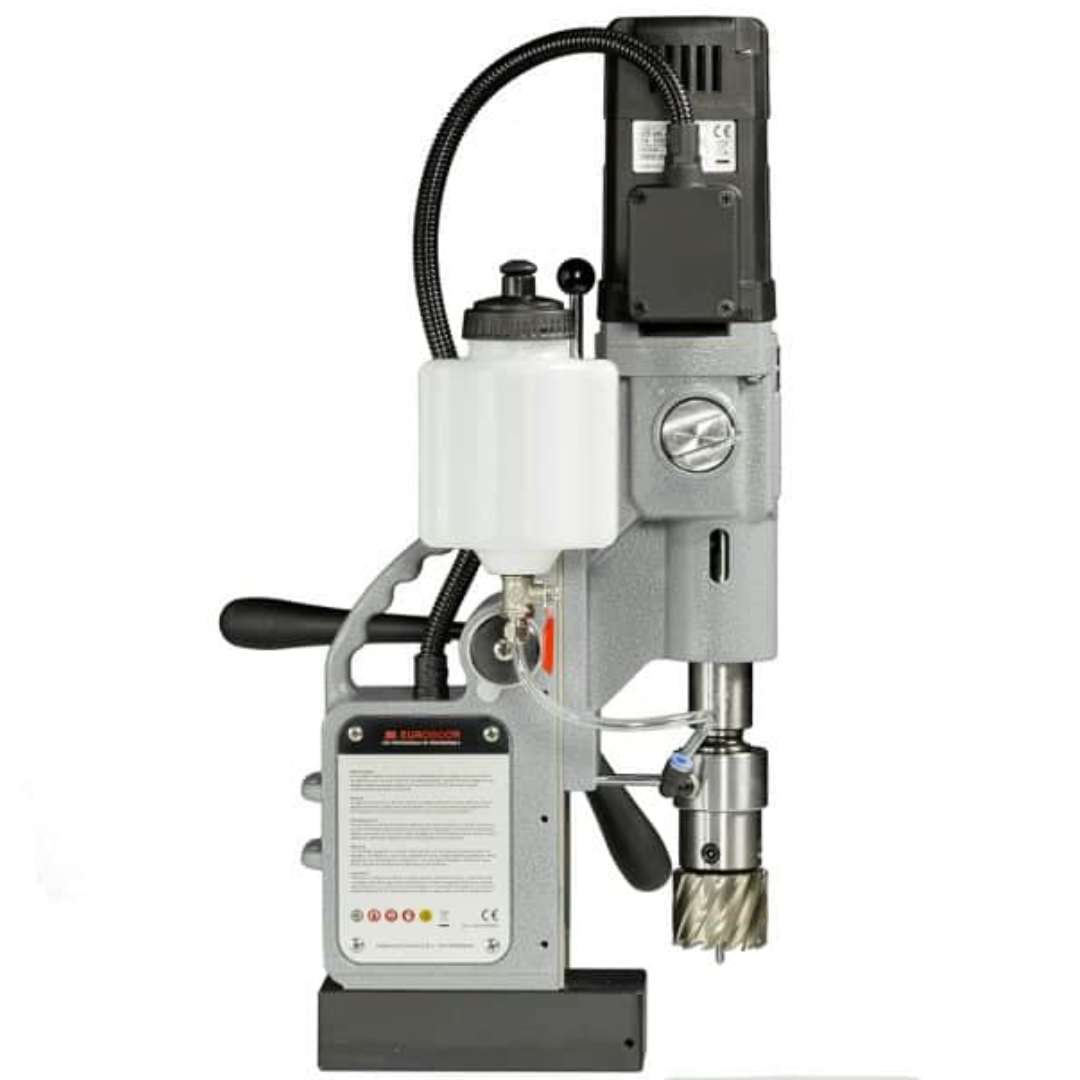 Euroboor ECO.50S+ Magnetic Drilling Machine angled side profile displaying the motor housing, drilling spindle, and magnetic base used for heavy-duty fabrication work