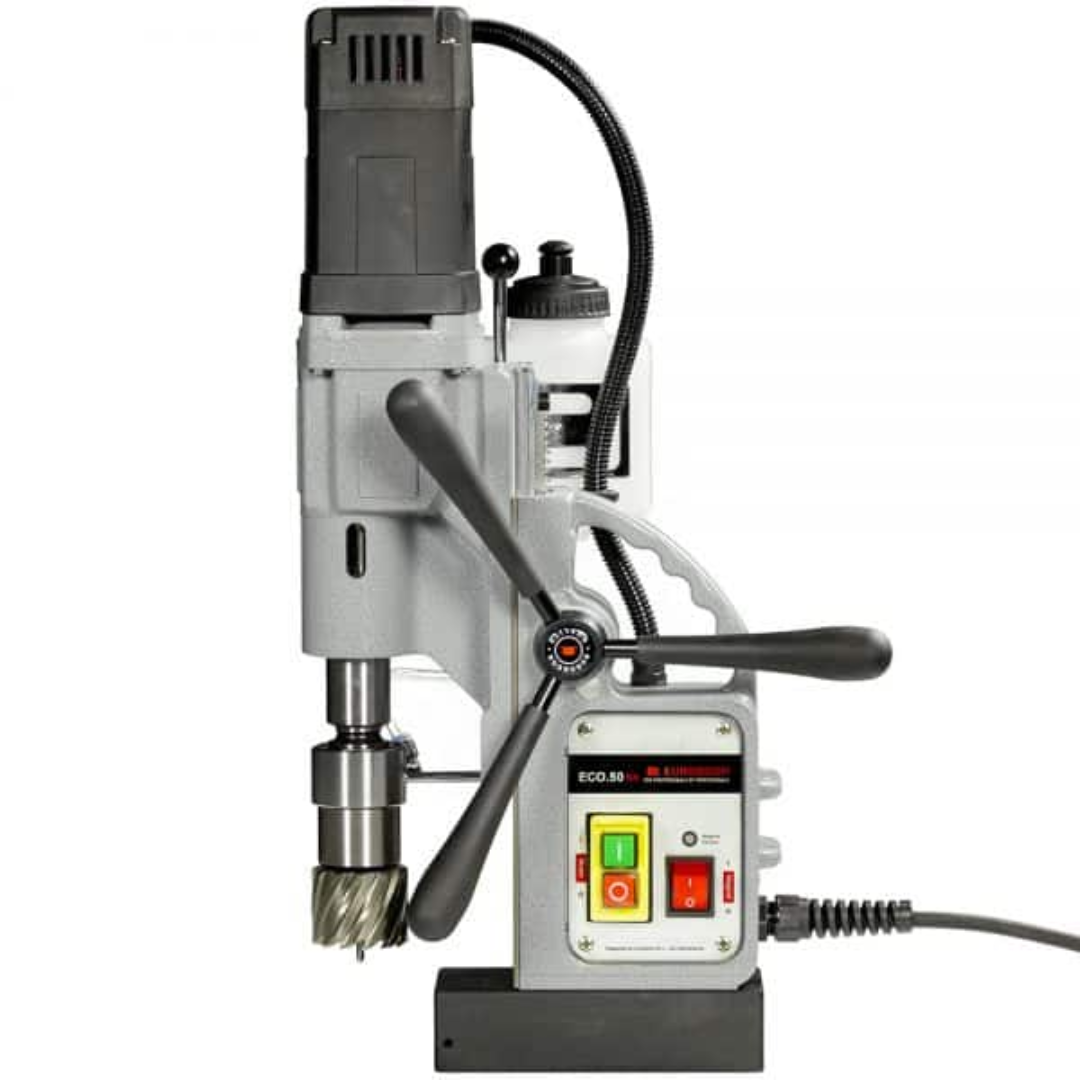 Euroboor ECO.50S+ Magnetic Drilling Machine front view showing the integrated control panel, feed handle system, and stable magnetic base for structural steel drilling