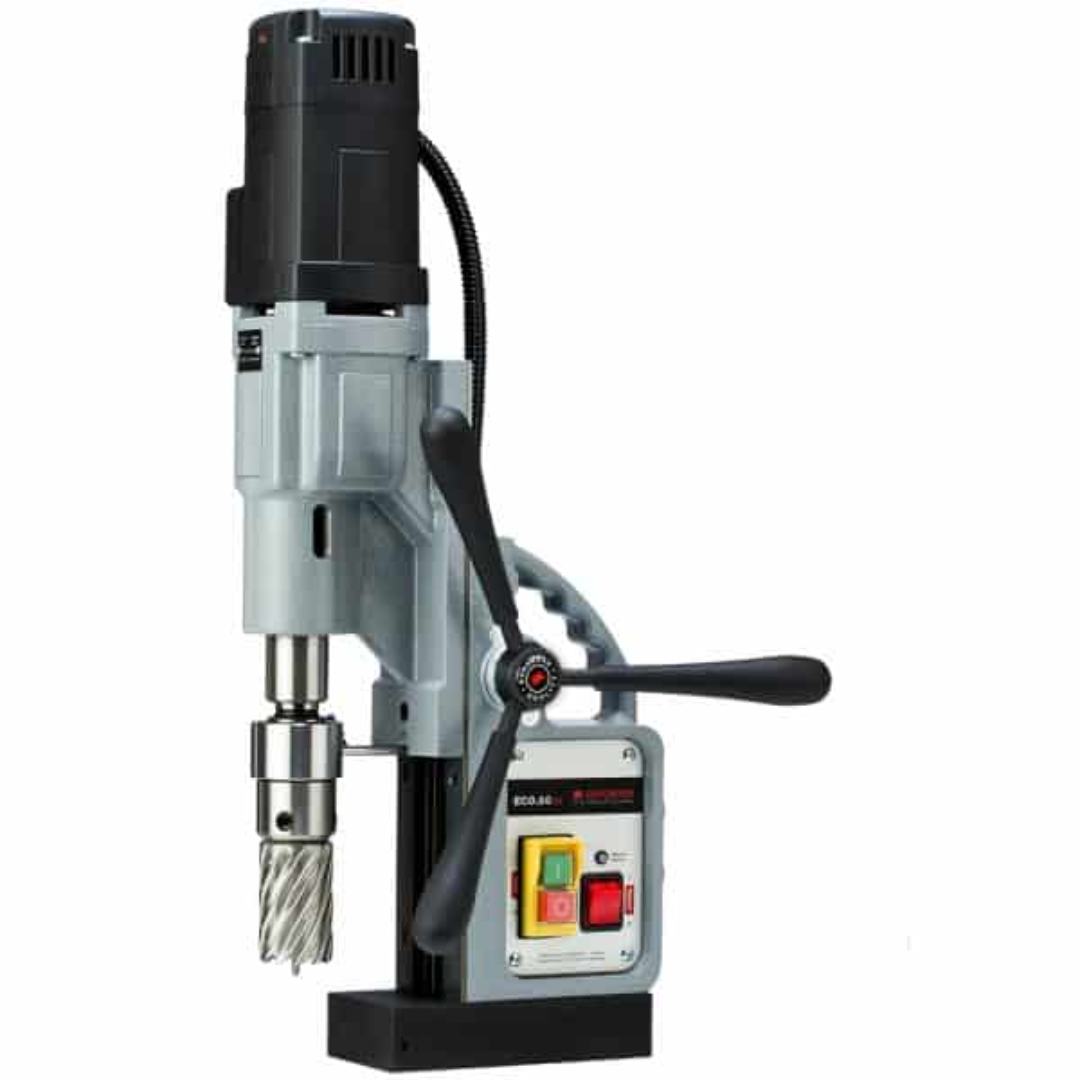 Euroboor ECO.50S+ Magnetic Drilling Machine safety accessories including chain and protective components used for secure operation during vertical or overhead drilling