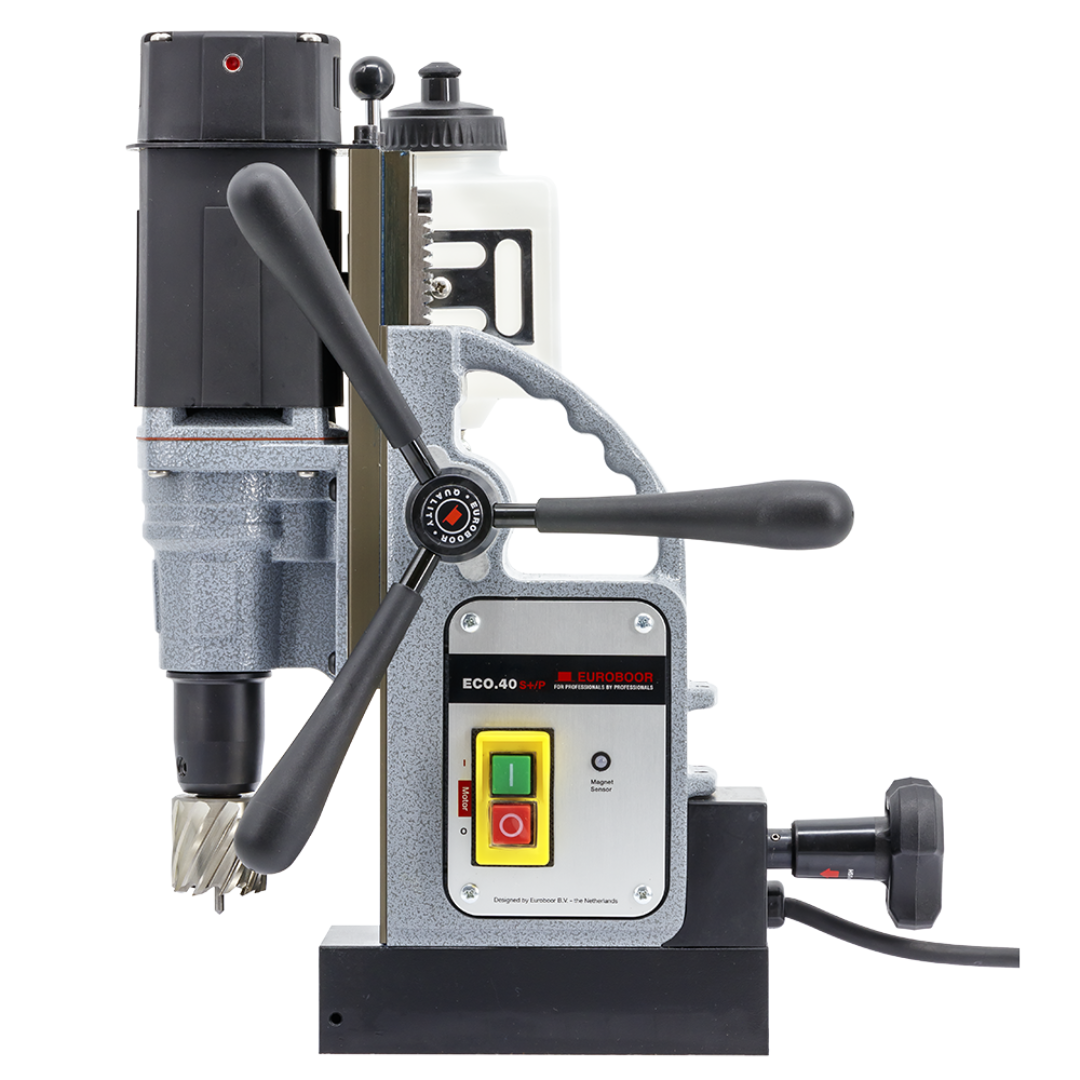 Euroboor ECO.50S Magnetic Drilling Machine side view highlighting the integrated control panel, feed handle system, and stable magnetic base for structural steel drilling