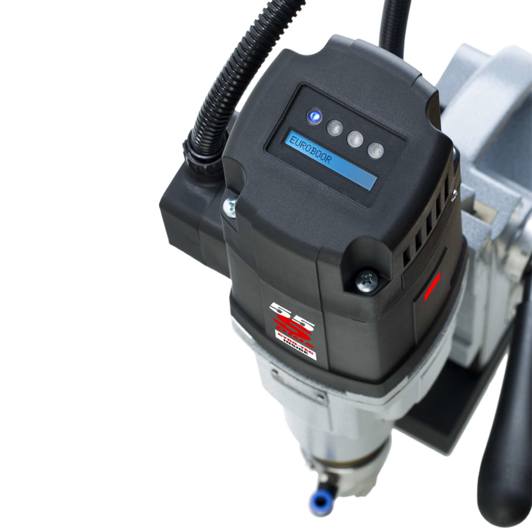 Euroboor ECO.55S+/TA Magnetic Drilling Machine close-up of the control panel and motor head displaying integrated electronics for drilling and tapping operations